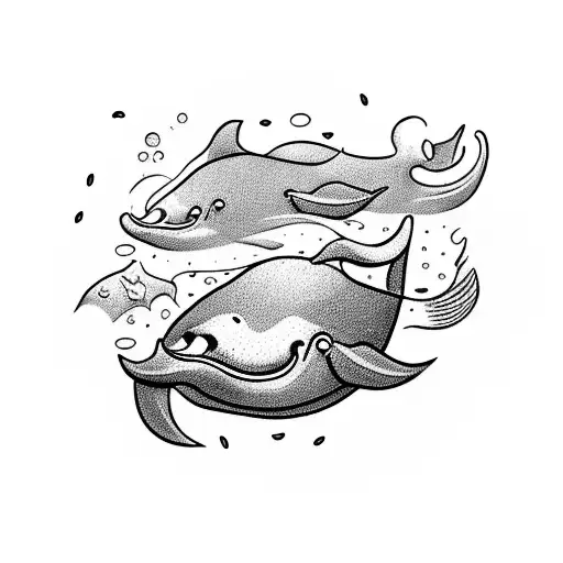 Whimsical underwater scene with a group of friends riding on the back of a smiling happy whale tattoo design idea