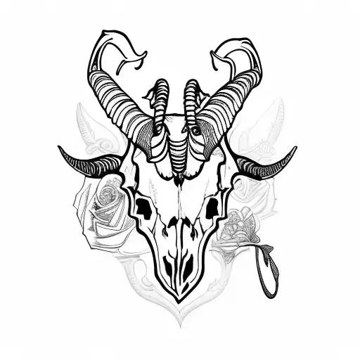 goat skull with big horns in rose flowers tattoo design idea
