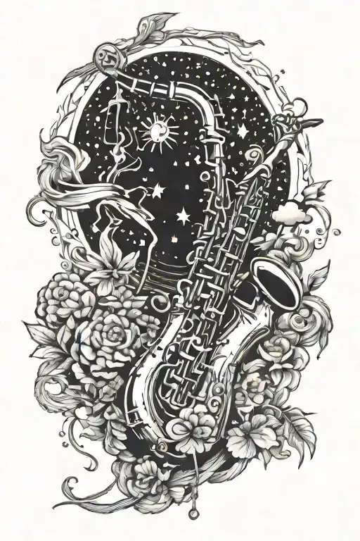 A celestial scene with a saxophone and guitar as the focal point tattoo design idea