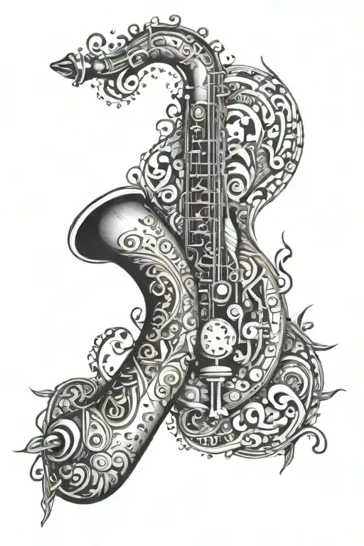 A tribal-inspired design featuring a saxophone and guitar in a bold and intricate pattern tattoo design idea