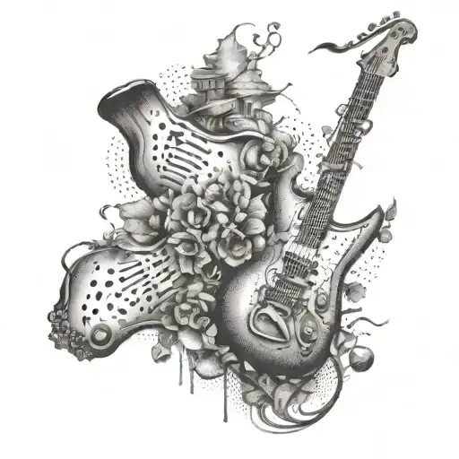 A surrealistic combination of a saxophone and guitar forming a dreamlike landscape tattoo design idea