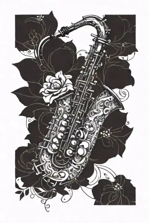 Saxophone silhouette with intricate floral patterns wrapping around it tattoo design idea