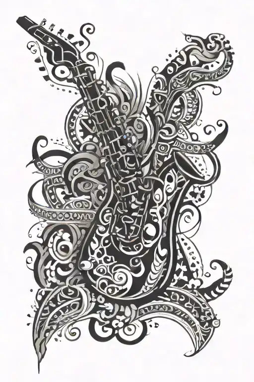 A tribal-inspired design featuring a saxophone and guitar in a bold and intricate pattern tattoo design idea