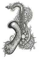 A tribal-inspired design featuring a saxophone and guitar in a bold and intricate pattern tattoo design idea