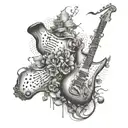 A surrealistic combination of a saxophone and guitar forming a dreamlike landscape tattoo design idea