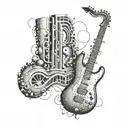 A surrealistic combination of a saxophone and guitar forming a dreamlike landscape tattoo design idea