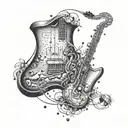 A surrealistic combination of a saxophone and guitar forming a dreamlike landscape tattoo design idea