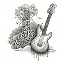 A surrealistic combination of a saxophone and guitar forming a dreamlike landscape tattoo design idea