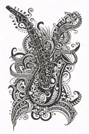A tribal-inspired design featuring a saxophone and guitar in a bold and intricate pattern tattoo design idea