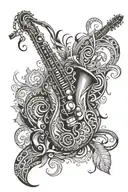 A tribal-inspired design featuring a saxophone and guitar in a bold and intricate pattern tattoo design idea