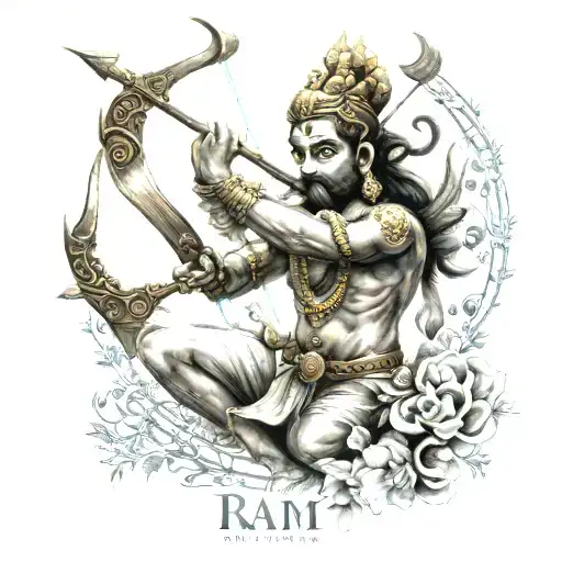 depicting lord rama as bow and arrow with the alphabet in hindi stating Ram tattoo design idea