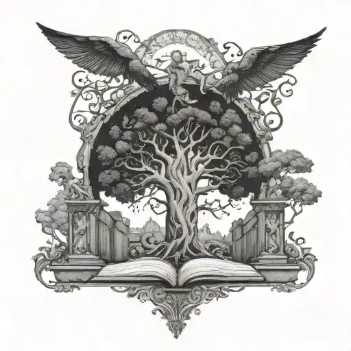 tree of life with man standing ner it with a book, above him are angels and below are demons  tattoo design idea