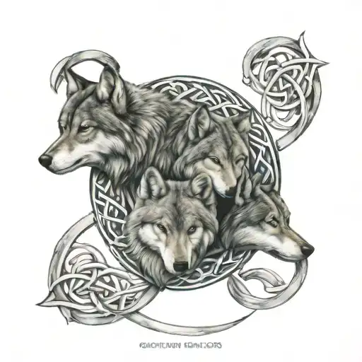 three wolfs in celtic knot intertwined tattoo design idea