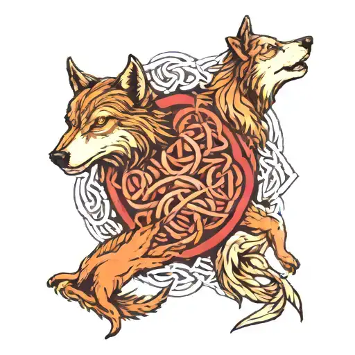 three wolfs in celtic knot intertwined tattoo design idea