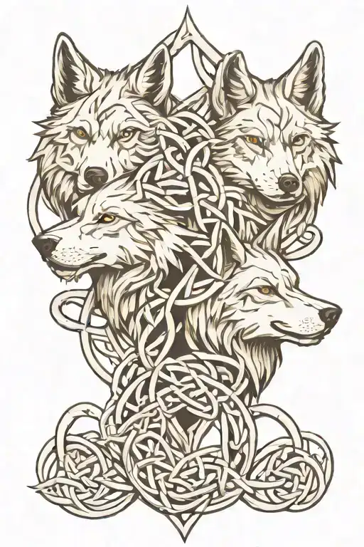 three wolfs in celtic knot intertwined tattoo design idea
