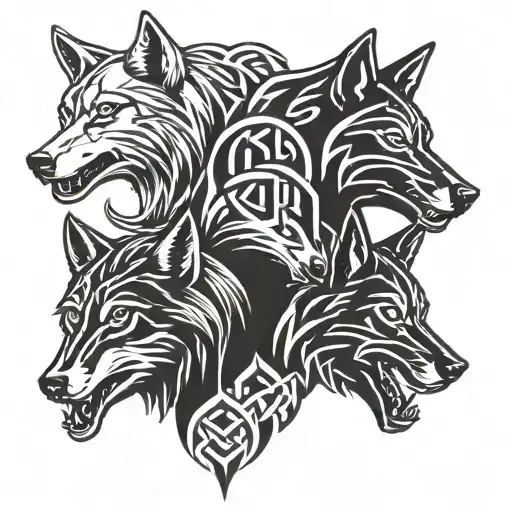 three wolfs in celtic knot intertwined tattoo design idea