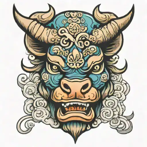 Japanese bull head children's colors tattoo design idea