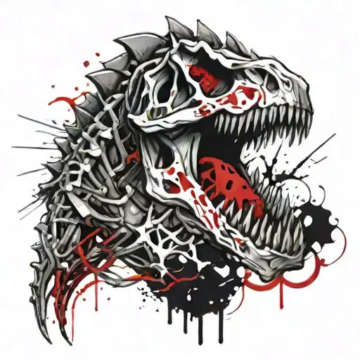 A majestic dinosaur skeleton intertwined with intricate anime-inspired patterns tattoo design idea