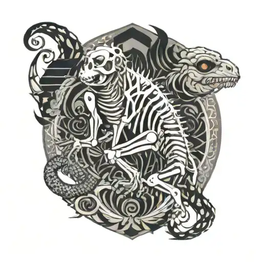 A majestic dinosaur monkey skeleton intertwined with intricate anime-inspired patterns tattoo design idea