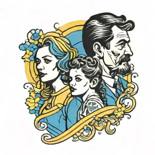 blue and yellow bars background + father mother and daughter 2 years old tattoo design idea