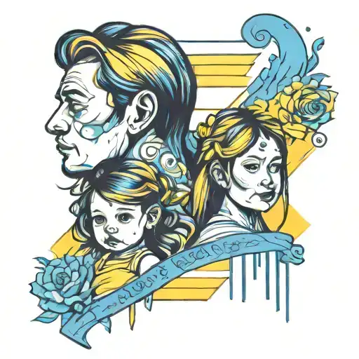 blue and yellow bars background + father mother and daughter 2 years old tattoo design idea