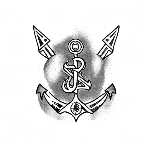 A blackwork tattoo of a sailor Jerry-inspired anchor with Fallout-inspired nuclear symbols tattoo design idea
