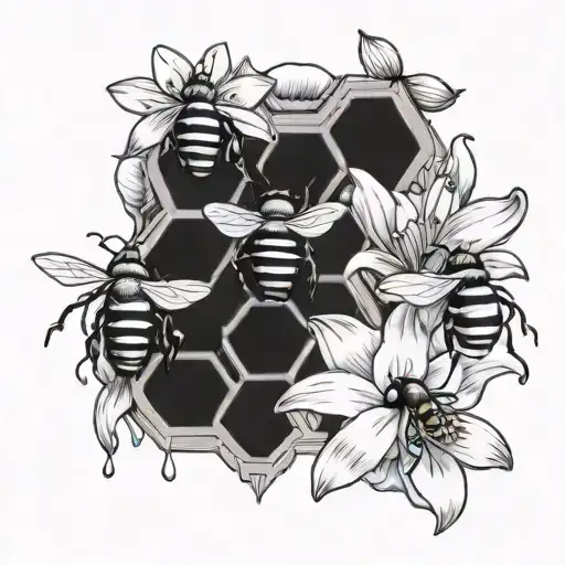 beehive, bees, and lily flower tattoo design idea