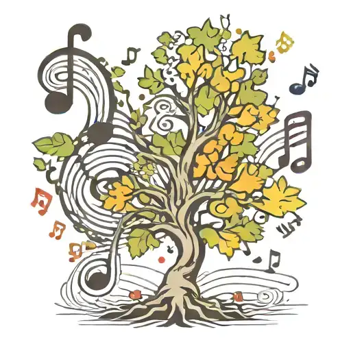 A surrealistic representation of a music note transforming into a tree, symbolizing the harmony between music and nature tattoo design idea