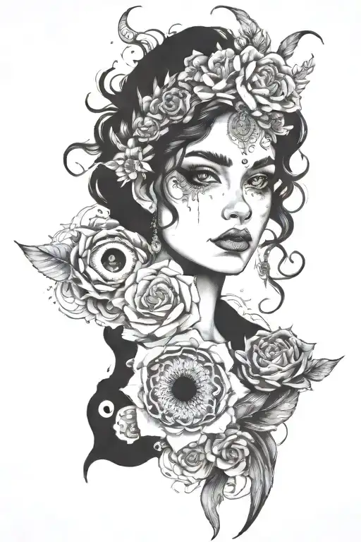 la frase loyally out values ​​everything with shades behind filling like clouds or flames with a girl's eye tattoo design idea