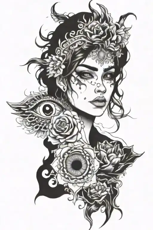 loyally out values ​​everything with shades behind filling like clouds or flames with a girl's eye tattoo design idea