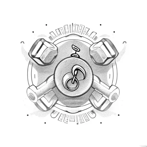 A dumbbell with musical notes intertwined, surrounded by coffee cups tattoo design idea