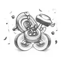 A dumbbell with musical notes intertwined, surrounded by coffee cups tattoo design idea
