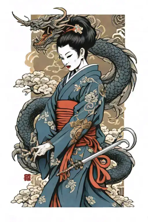 dragon geisha japanese warrior tattoo design idea
