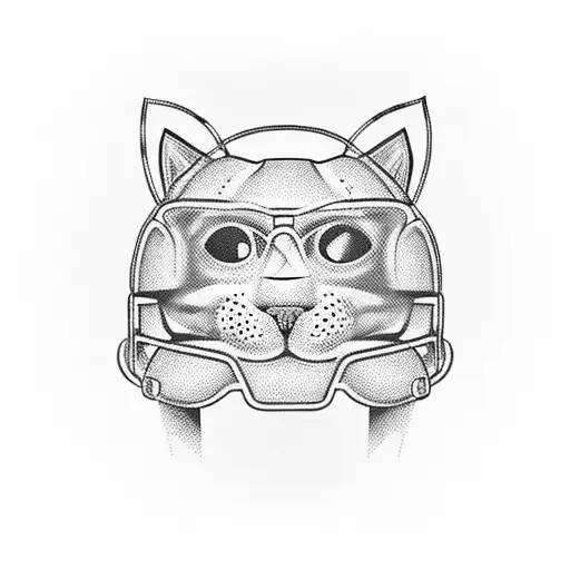 A football helmet with a cat face inside, surrounded by hop cones and barley grains tattoo design idea