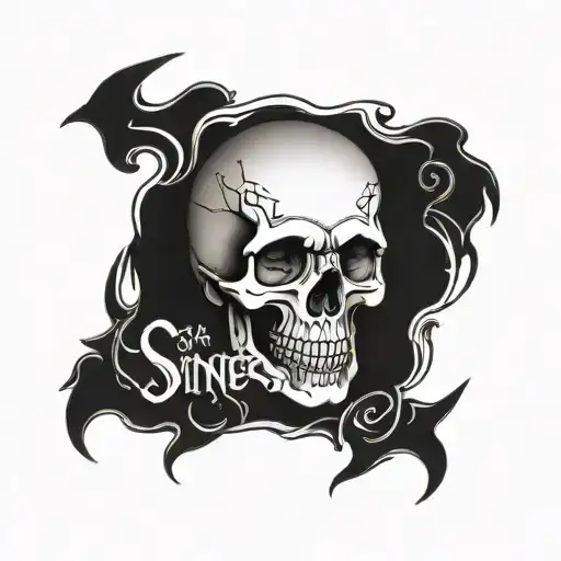 skull implanted with a word "sinner"  tattoo design idea