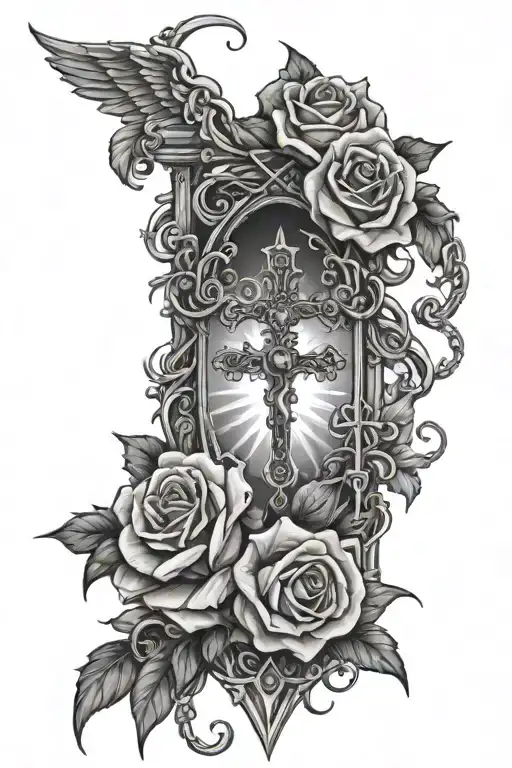 roses and Cross and 3 Angels and Stars and chain tattoo design idea