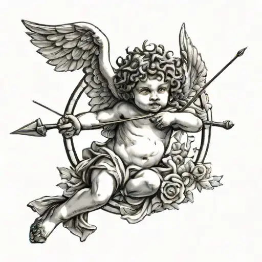 A blackwork tattoo of a Greek mythology scene featuring a baby cupid angel with a bow and arrow tattoo design idea
