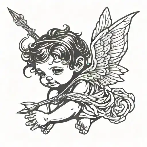 A blackwork tattoo of a baby cupid angel with a bow and arrow tattoo design idea
