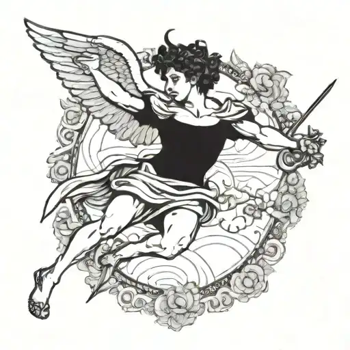 A blackwork tattoo of a Greek mythology scene featuring Cupid in a dramatic pose tattoo design idea