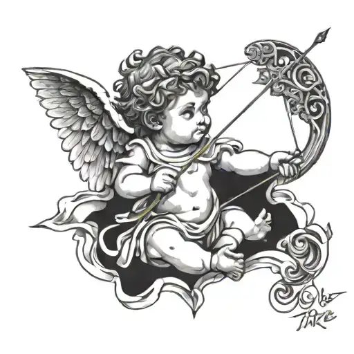 A blackwork tattoo of a Greek mythology scene featuring a baby cupid angel with a bow and arrow tattoo design idea
