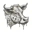 a tattoo aligned with the emojis of tea, then the symbol A and last the cow face tattoo design idea