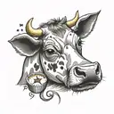 a tattoo aligned with the emojis of tea, then the symbol A and last the cow face tattoo design idea