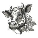 a tattoo aligned with the emojis of tea, then the symbol A and last the cow face tattoo design idea