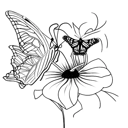 monarch butterfly with Morning Glory simple black and white tattoo design idea