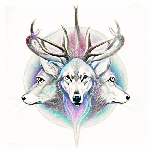 three-headed mythical creature with central head of elk with 3rd eye and wolf for other faces tattoo design idea