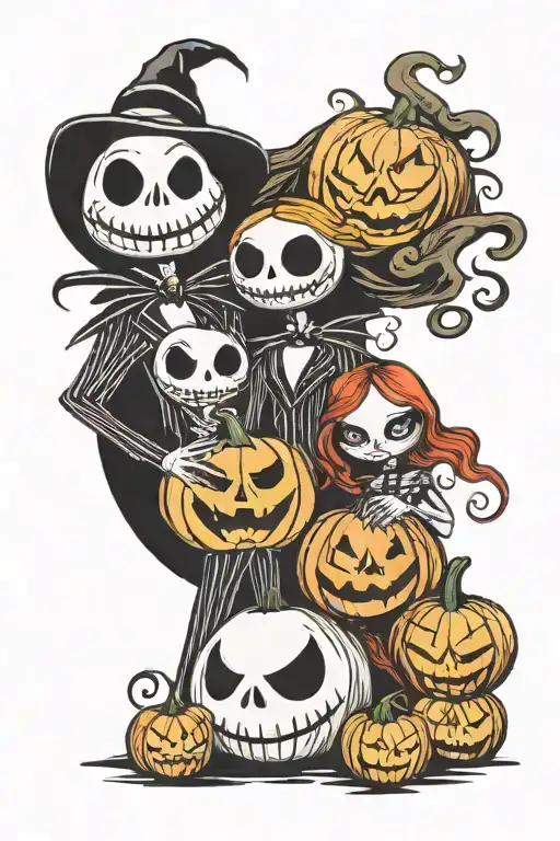 Jack skellington & Sally & 3 pumpkins  tattoo design idea