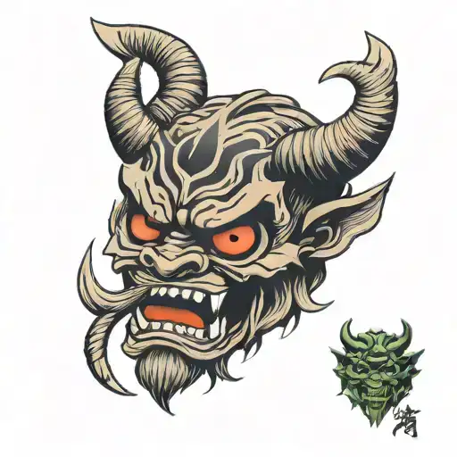 wooden oni head with a glass heart in its teeth tattoo design idea