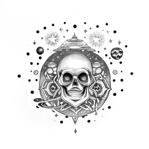 A dotwork skull adorned with cosmic elements like stars and planets tattoo design idea