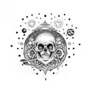 A dotwork skull adorned with cosmic elements like stars and planets tattoo design idea