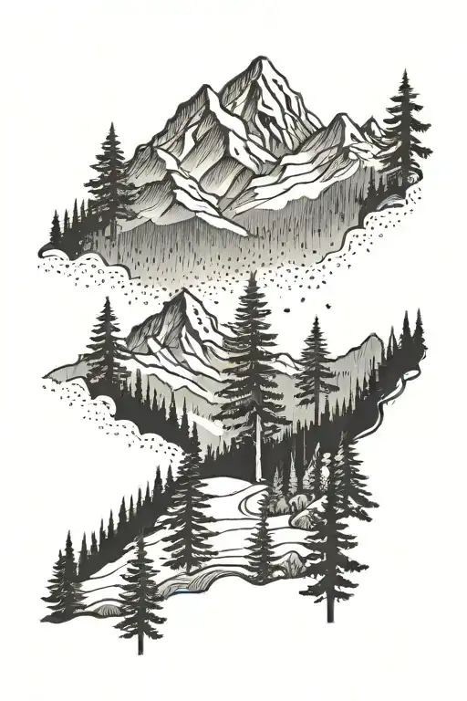 mountains, fir trees, forest, snowboarding, tattoo design idea